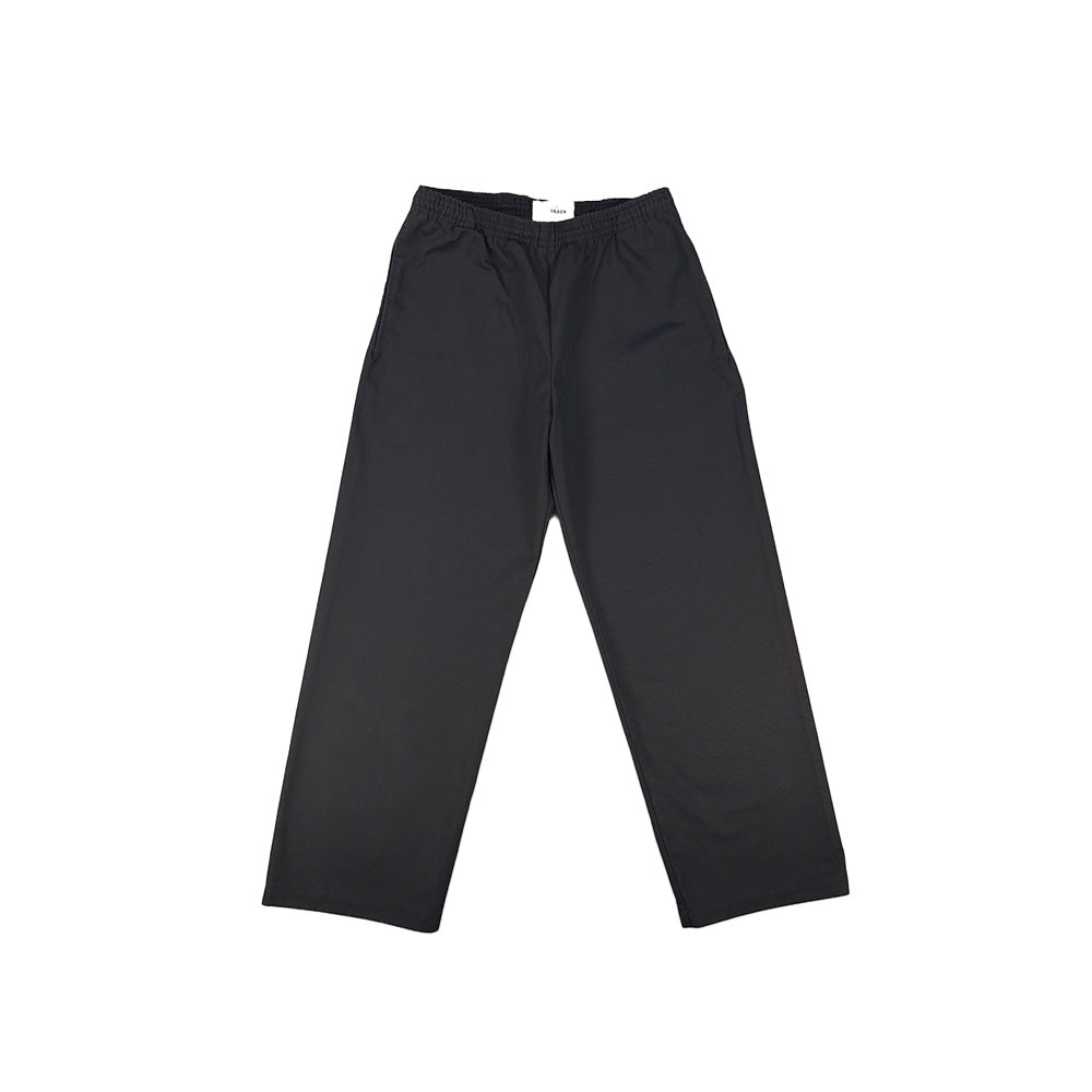 A pair of black wide-leg cropped pants with an elastic waistband, laid flat against a solid white background.