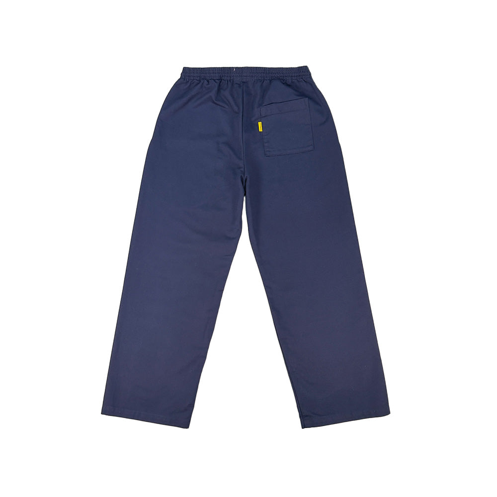 A pair of navy blue trousers shown from the back, featuring an elastic waistband, a back pocket, and a small yellow brand tab.