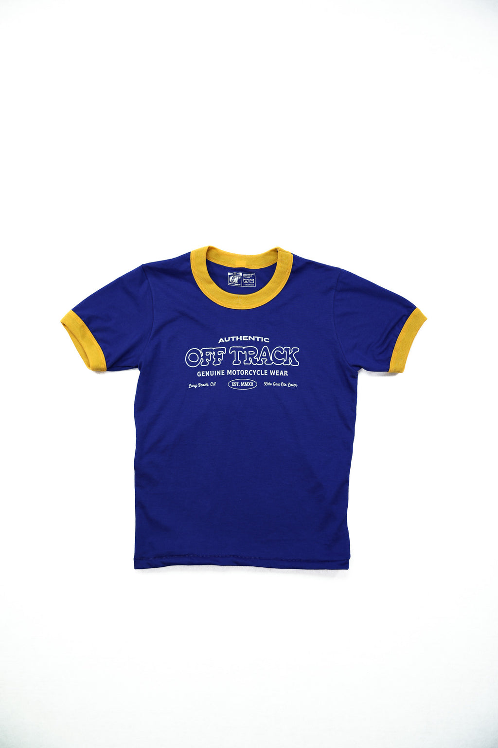 Blue t-shirt with yellow trim on a white background
