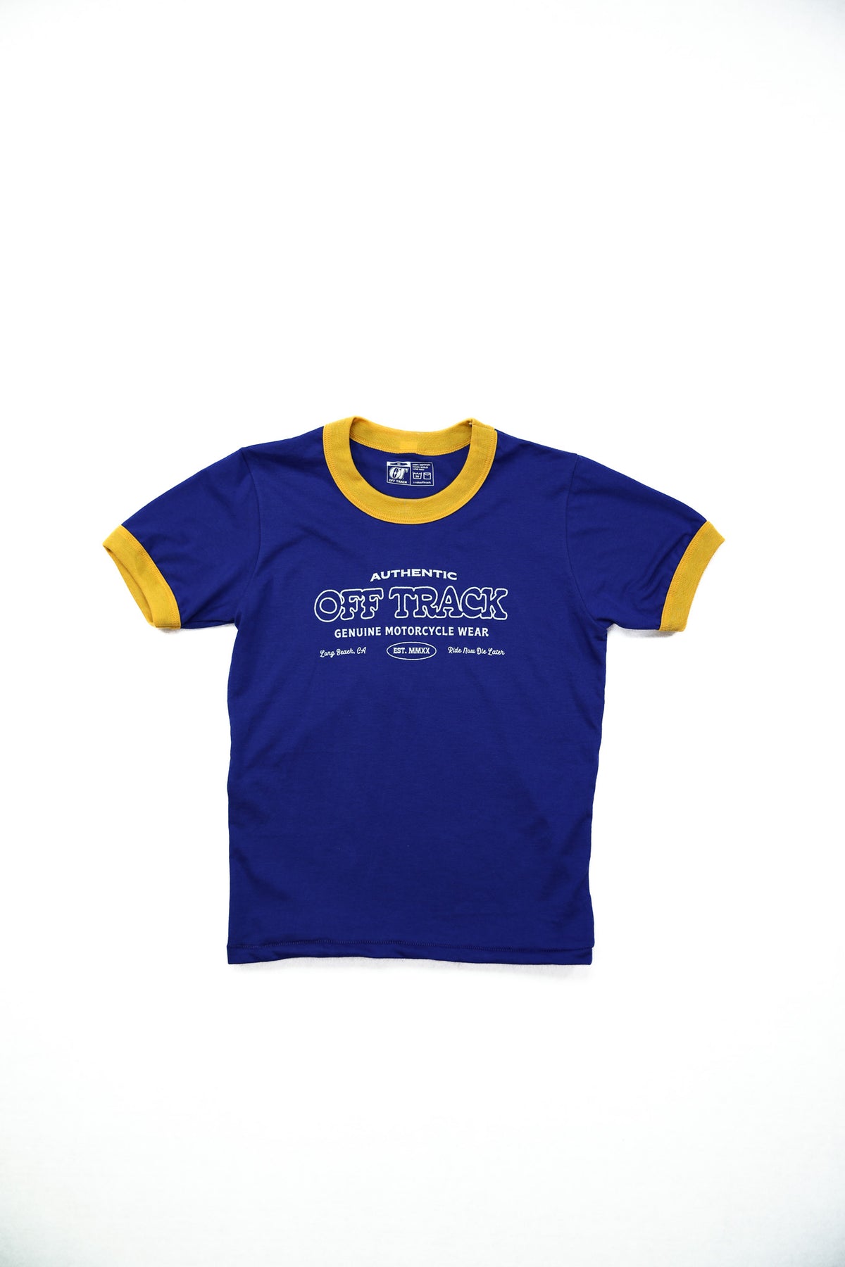 Blue t-shirt with yellow trim on a white background